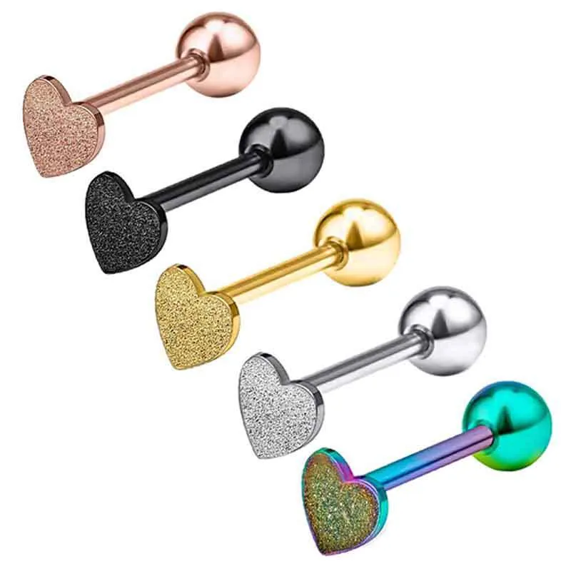 Frosted Heart Stainless Steel Tongue Ring Ear Cartilage Stud Piercing Jewelry Screw Ball Back Body Jewelry Heart Shape