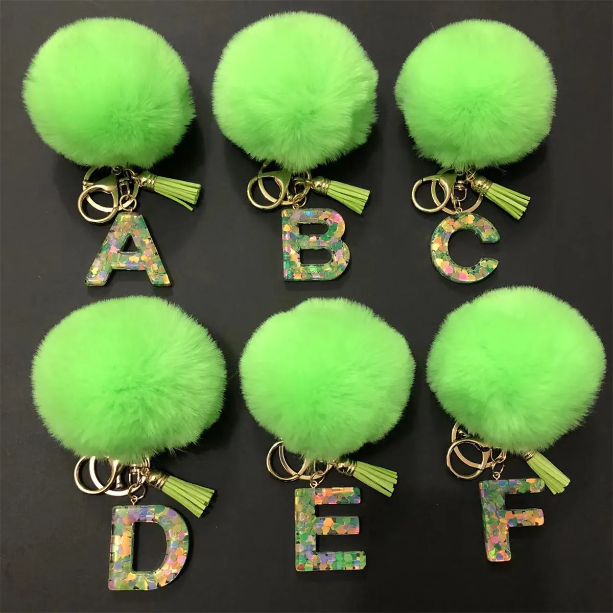 Resin Initial Letter Keychain With Faux Fur Pompom And Tassel Glitter Alphabet Bag Charm For Women Fashion Accessory
