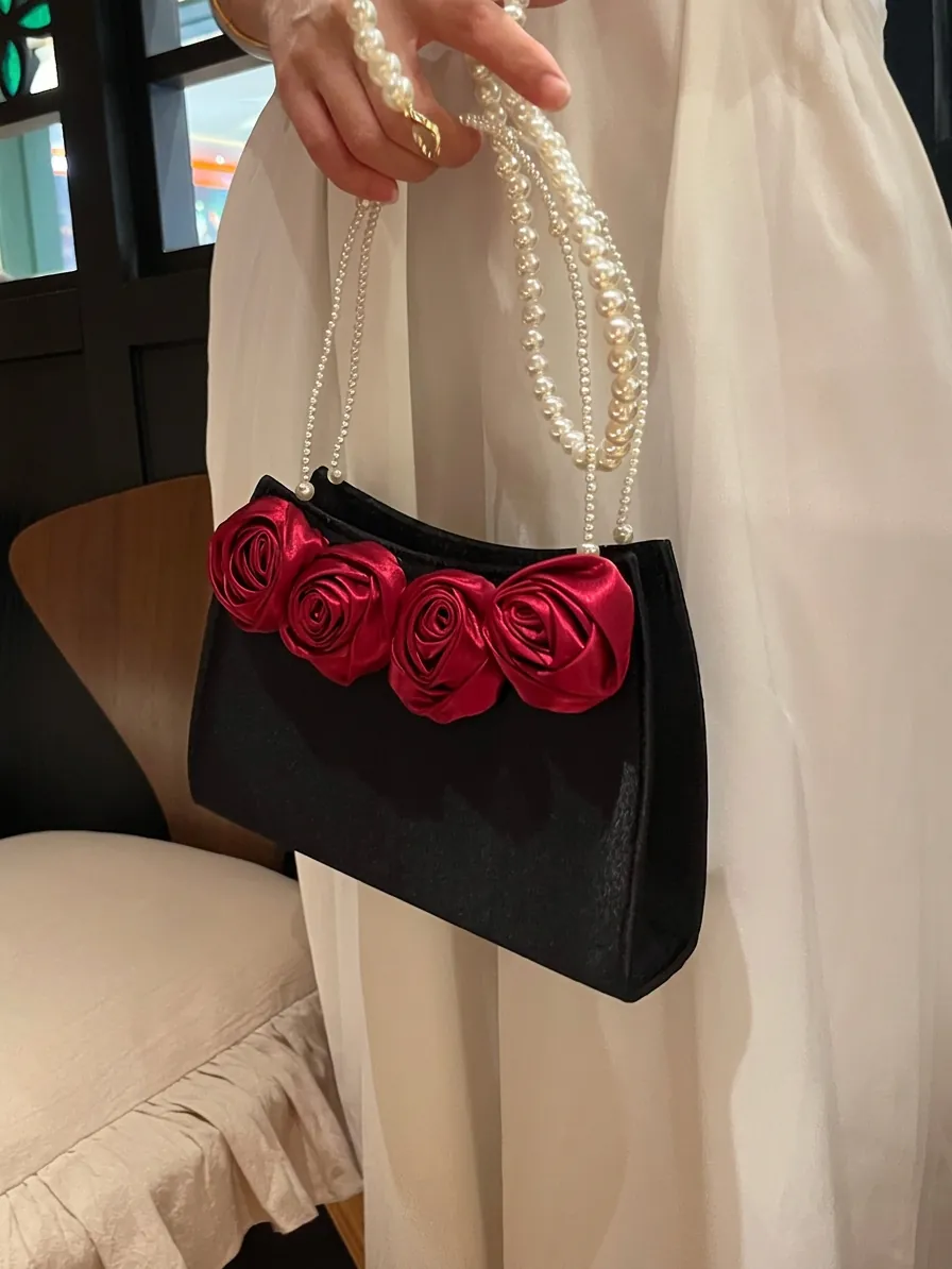 Vintage Rose Satin Evening Bag With Artificial Pearl Handle And 3D Floral Decoration For Women Wedding Party Elegant Handbag