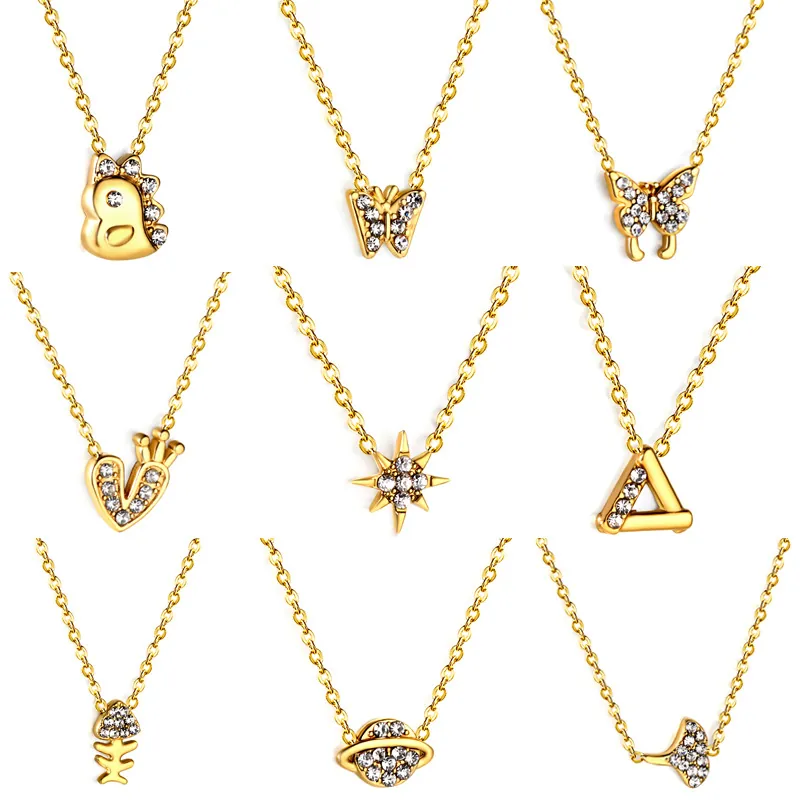 Collier Pendentif Dinosaure Papillon Coeur Acier Inoxydable Plaqué Or Bijoux Animaux Strass Pour Femmes