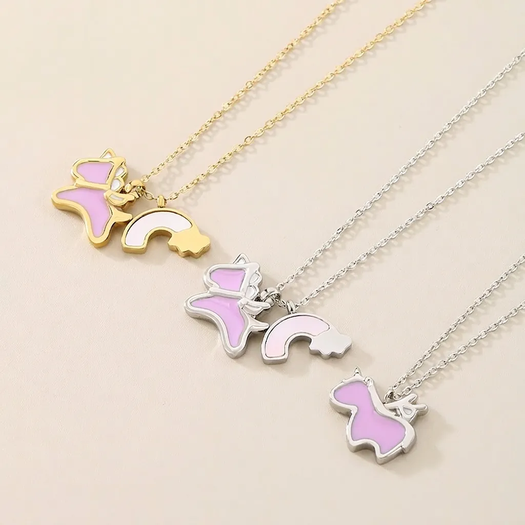 Collana Con Pendente Unicorno Farfalla Arcobaleno Cartone Animato Acciaio Inossidabile Smalto Gioielli Per Donne Ragazze
