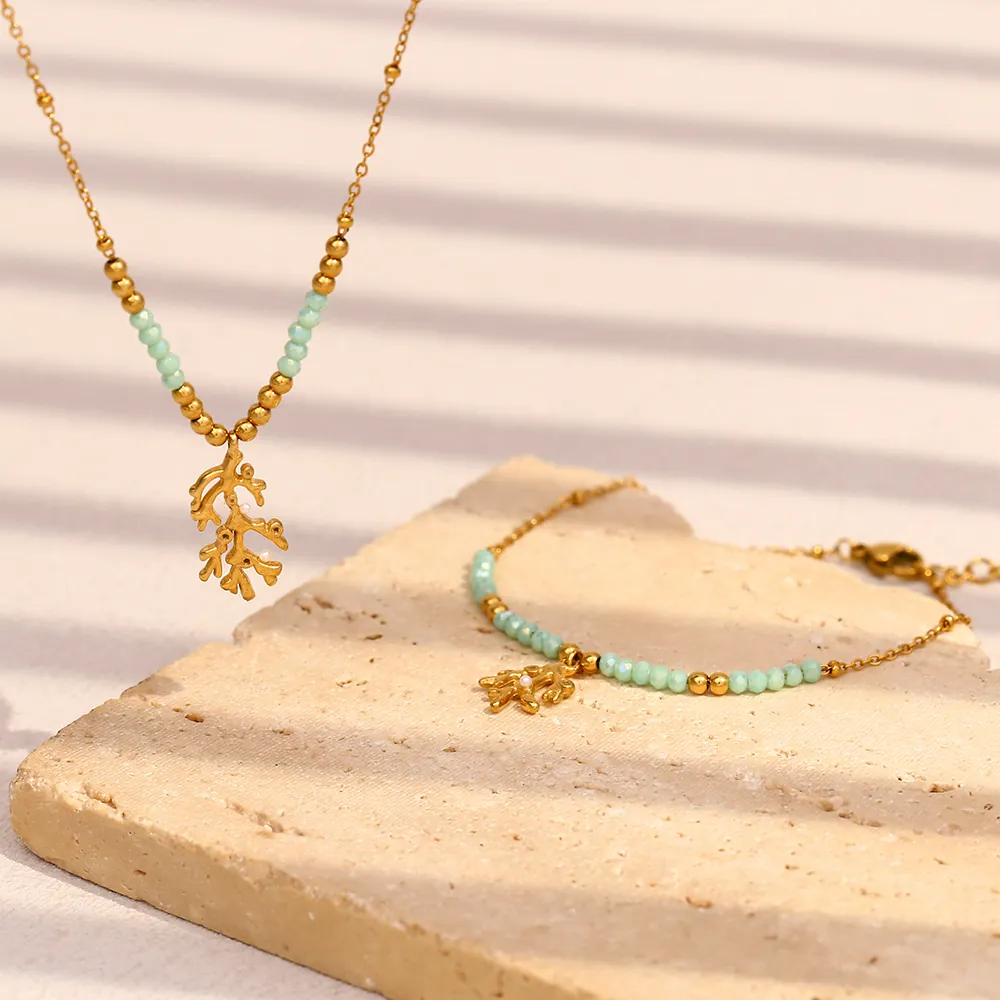 Stainless Steel 18K Gold Plated Coral Branch Necklace And Bracelet Green Natural Stone Beads Jewelry For Women