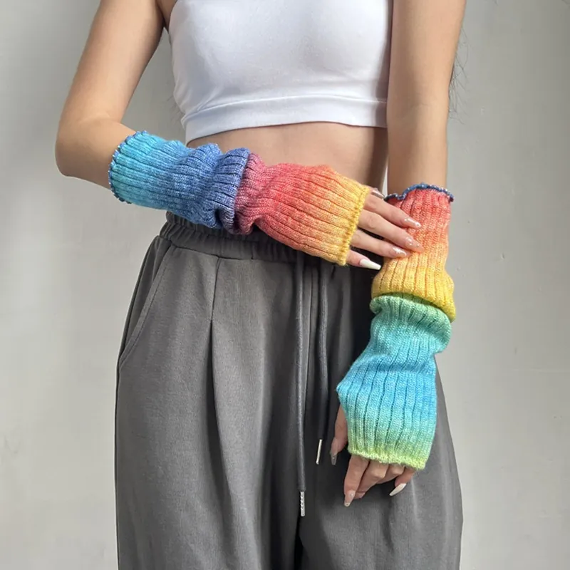 Women's Gradient Rainbow Knitted Arm Warmers Slouchy Leg Warmers Set Thick Warm Crochet Ribbed Sleeves Fingerless Gloves