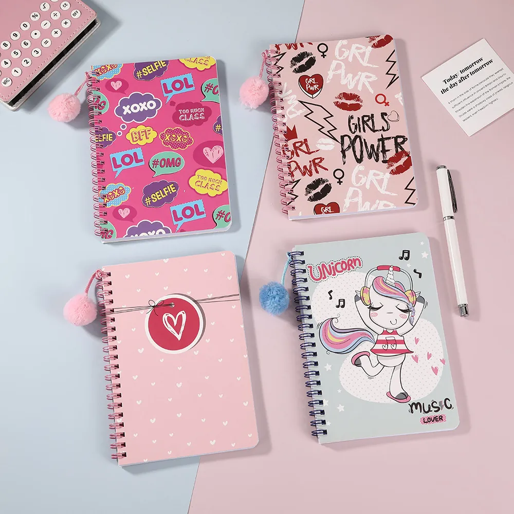 Cuaderno De Espiral Con Pompón De Felpa Patrón De Unicornio Corazón Dibujos Animados Papel Rayado Diario Papetería Para Estudiantes
