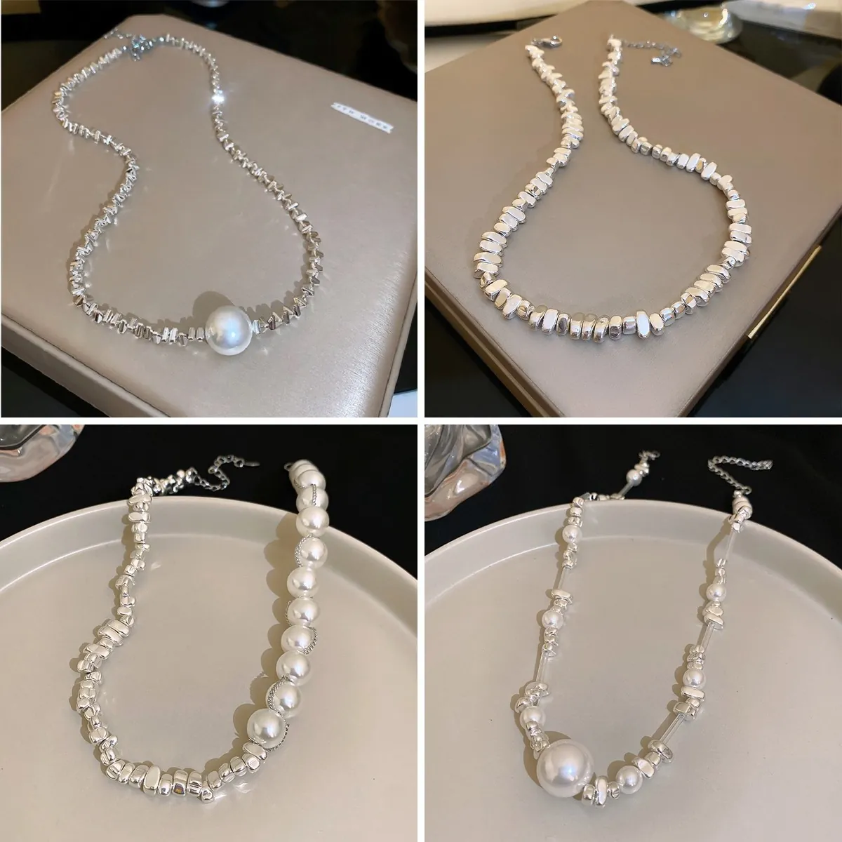 Irregular Silver Crumb Artificial Pearl Necklace For Women Alloy Metallic Texture Elegant Clavicle Chain Minimalist Style