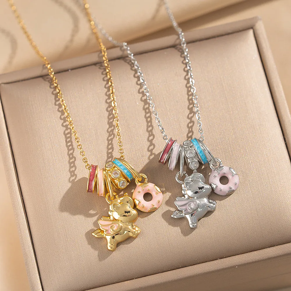 Cute Cartoon Unicorn Donut Pendant Necklace Copper Cubic Zirconia Enamel Colorful Circle Charms Jewelry For Women