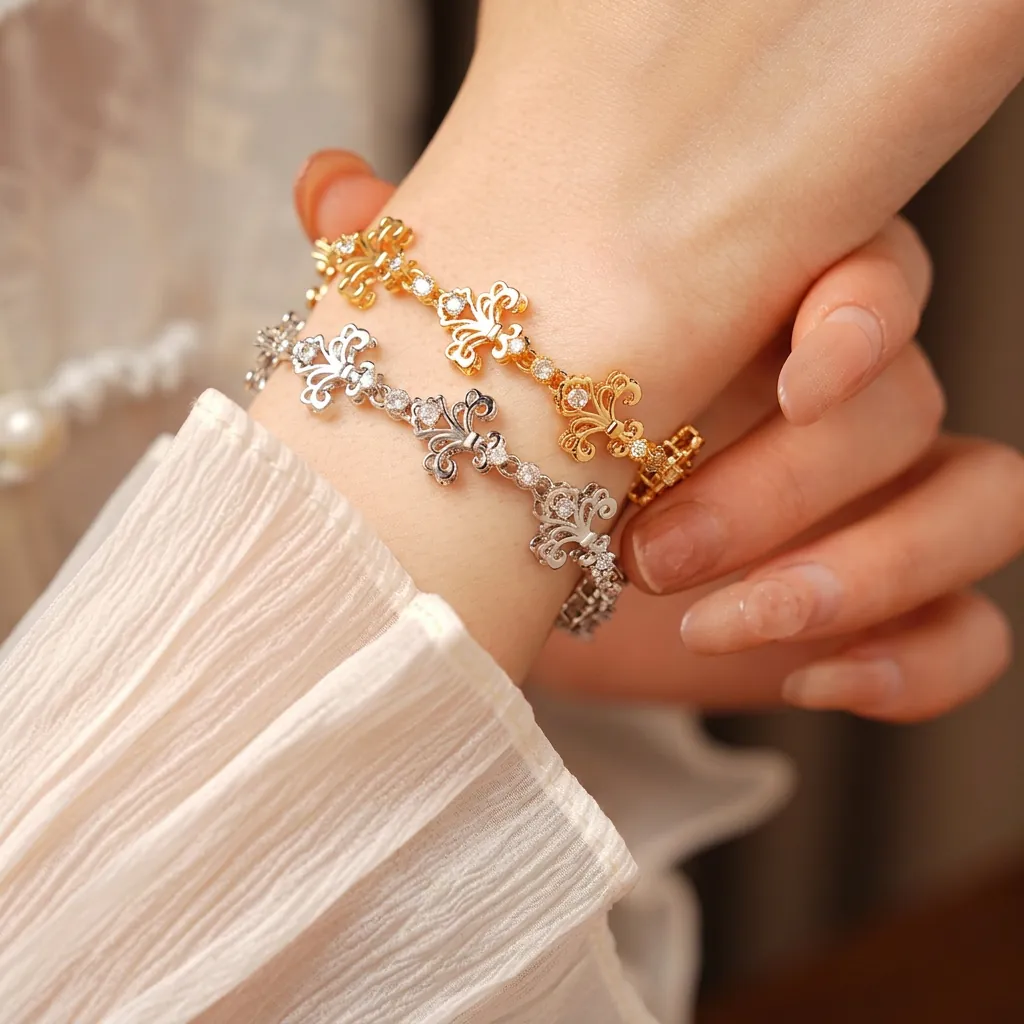 Bracelet Fleur De Lis Vintage En Cuivre Avec Zircon Incrusté Design Creux Rétro Français Bijoux De Luxe Pour Femmes