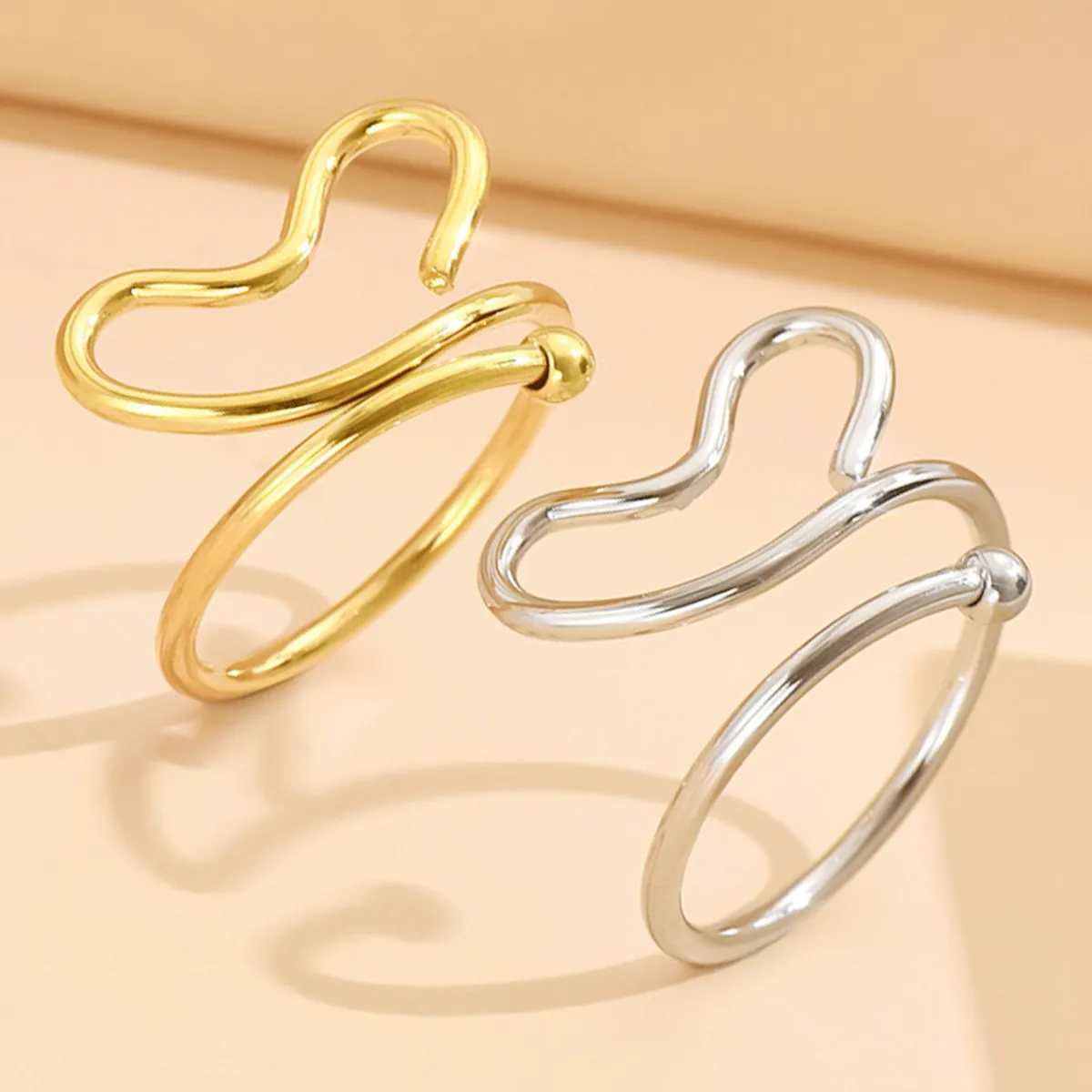 Bague Cœur Évidé Acier Inoxydable Réglable Ouverte Ligne Ondulée Bijoux Minimalistes Cadeau Pour Femmes Filles