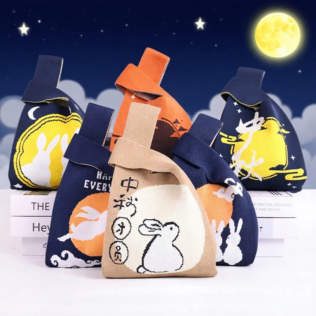 Borsa Da Polso In Maglia Di Poliestere Fantasie Floreali Coniglio Stile Giapponese Regalo Festivo Borsa Portatile Donna