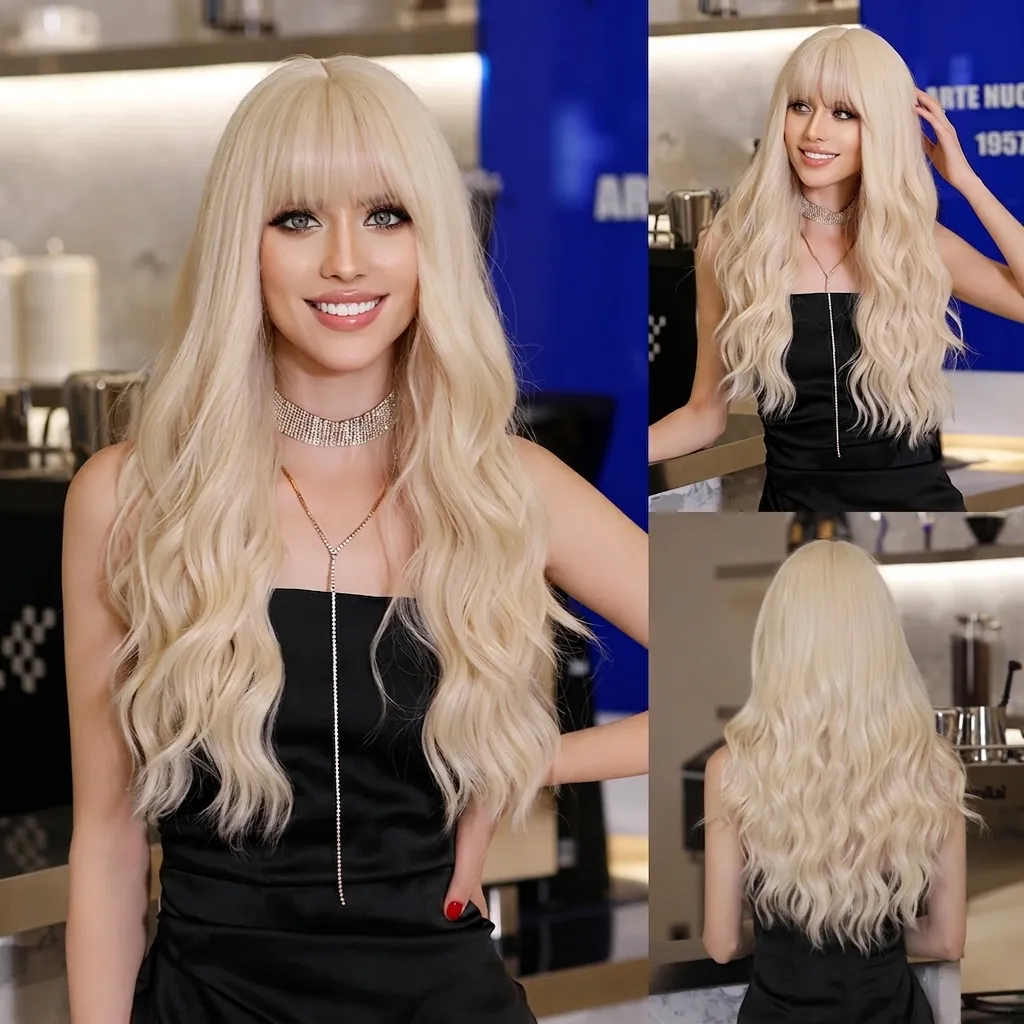 Long Wavy Wig With Bangs High Temperature Synthetic Heat Resistant Natural Fluffy Hair Extension For Women Fashion