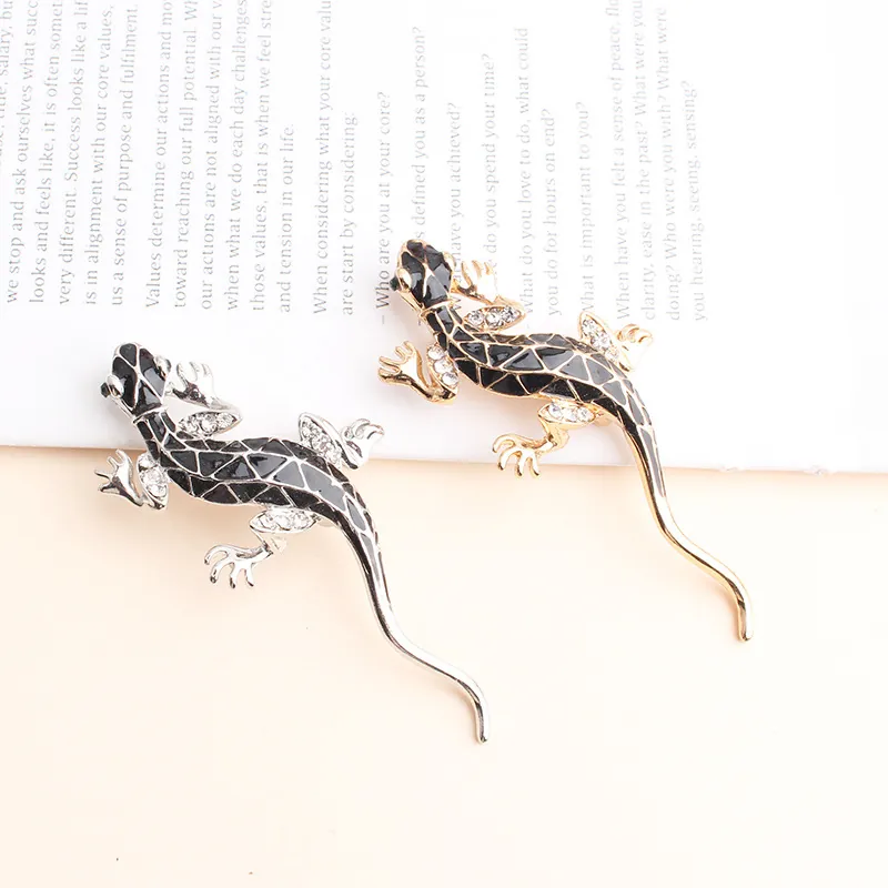 Gecko Lizard Brooch Alloy Black Enamel Rhinestone Sparkling Vintage Animal Lapel Pin Jewelry Suit Accessory Gift Women Men