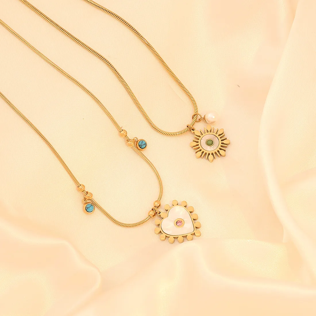 Mode Acier Inoxydable Cœur Soleil Pendentif Collier Nacre Pierre Précieuse Künstliche Perle Chaîne Serpent Bijoux Pour Femmes