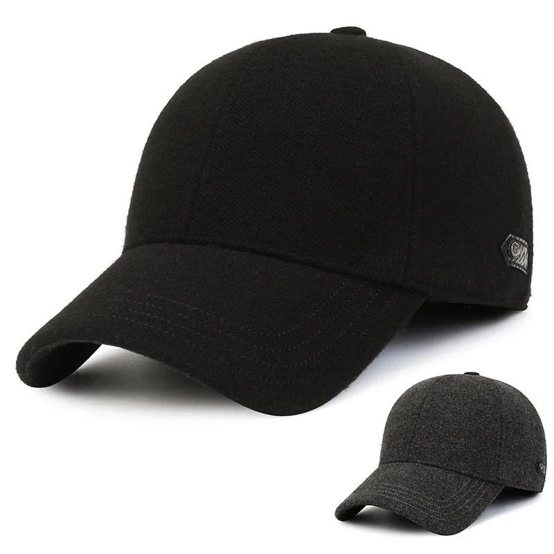 Winter Woolen Baseball Cap With Ear Flaps Warm Thickened Outdoor Sports Hat For Men Adjustable Simple Style