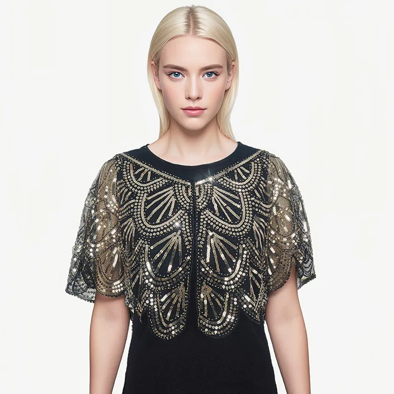 Women Vintage Sequin Shawl Beaded Mesh Evening Capelet Elegant Short Cape Bridal Wrap For Wedding Party Evening Gown