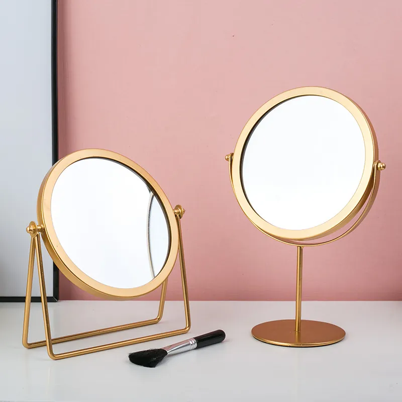 Round Desktop Makeup Mirror Metal Iron Frame Rotating Minimalist Nordic Style Vanity Mirror For Bedroom Dormitory