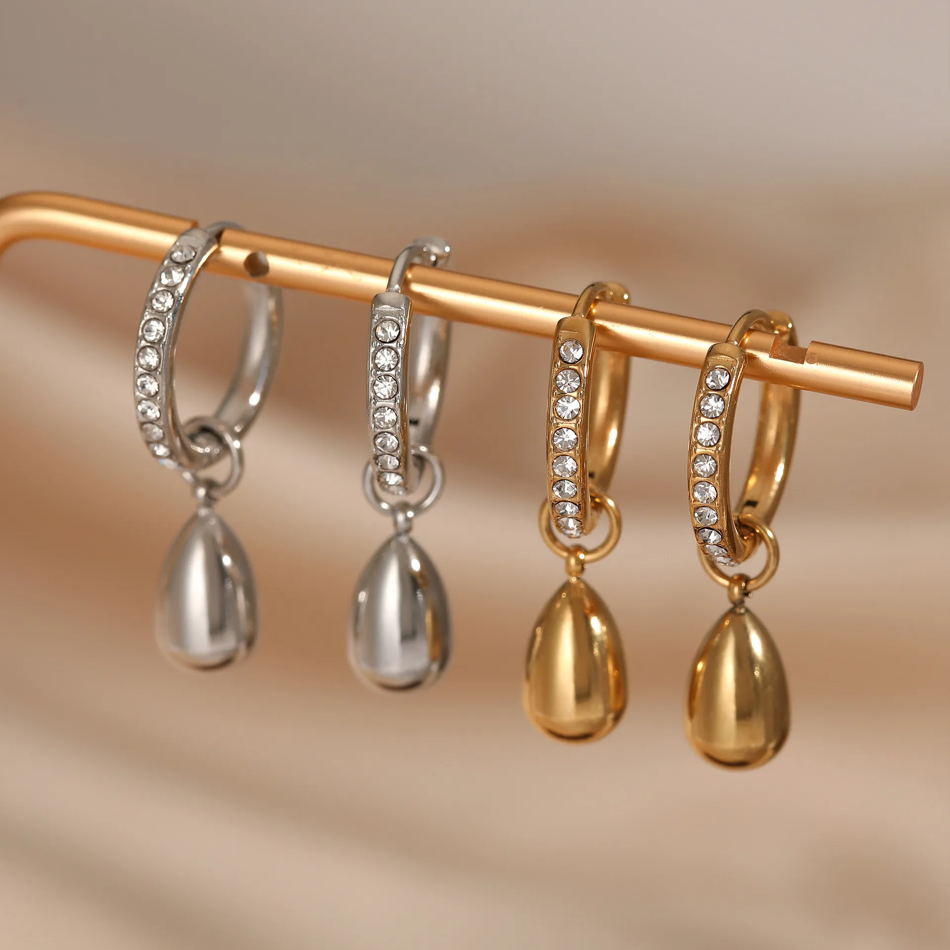 Stainless Steel Zircon Hoop Earrings With Teardrop Pendant Waterproof PVD Gold Plating Elegant Fashion Jewelry For Women