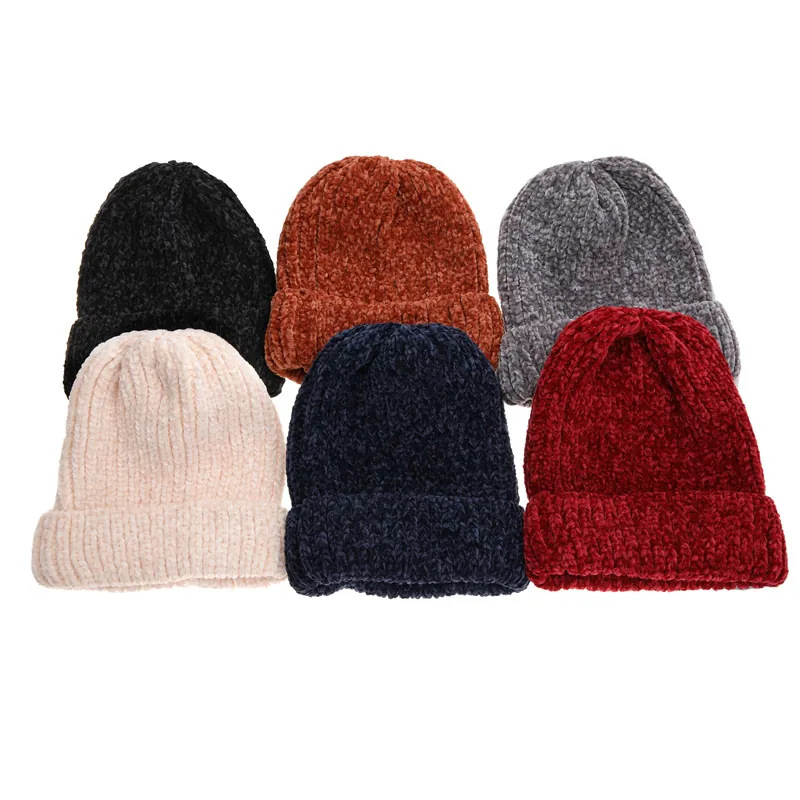 Women Winter Chenille Knit Beanie Hat Soft Warm Solid Color Acrylic Slouchy Cuffed Skull Cap For Cold Weather Daily Wear