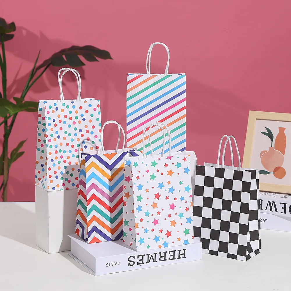 Multicolor Kraft Paper Gift Bag Stars Dots Stripes Checkerboard Pattern Portable Handle Party Favor Candy Gift Wrap Bag