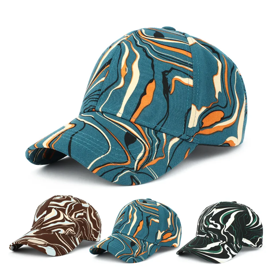 Casquette De Baseball Imprimé Marbre Mélange Coton Boucle Métallique Réglable Art Fluide Abstrait Six Panneaux Bord Incurvé Chapeau