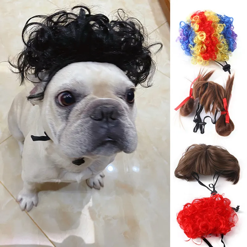 Funny Pet Wig Headgear Nylon Fiber Adjustable Elastic Strap For Dogs Cats Party Cosplay Costume Accessories Afro Curly Bob Style
