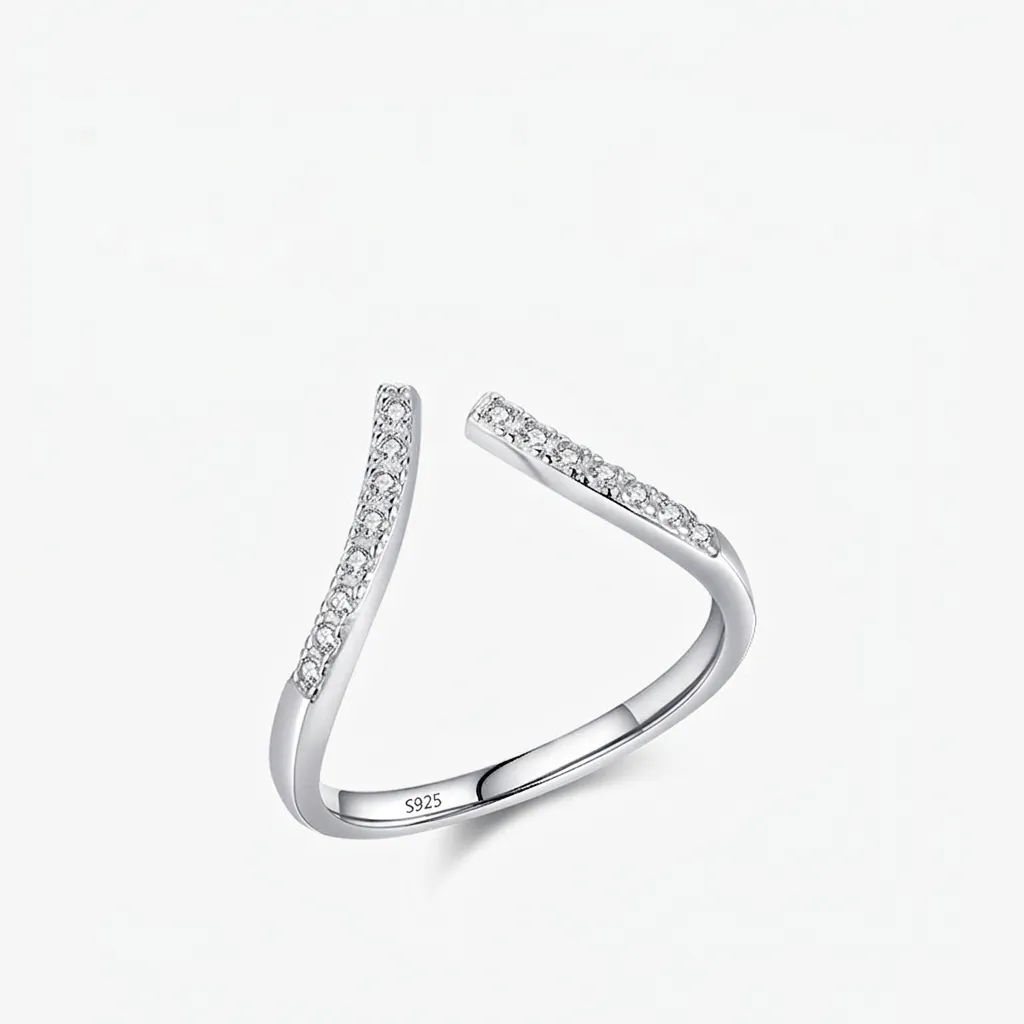 Geometrischer V-Förmiger 925 Sterling Silber Ring Minimalistisch Verstellbar Offen Mit Mikro-Zirkonia Schmuck Damen