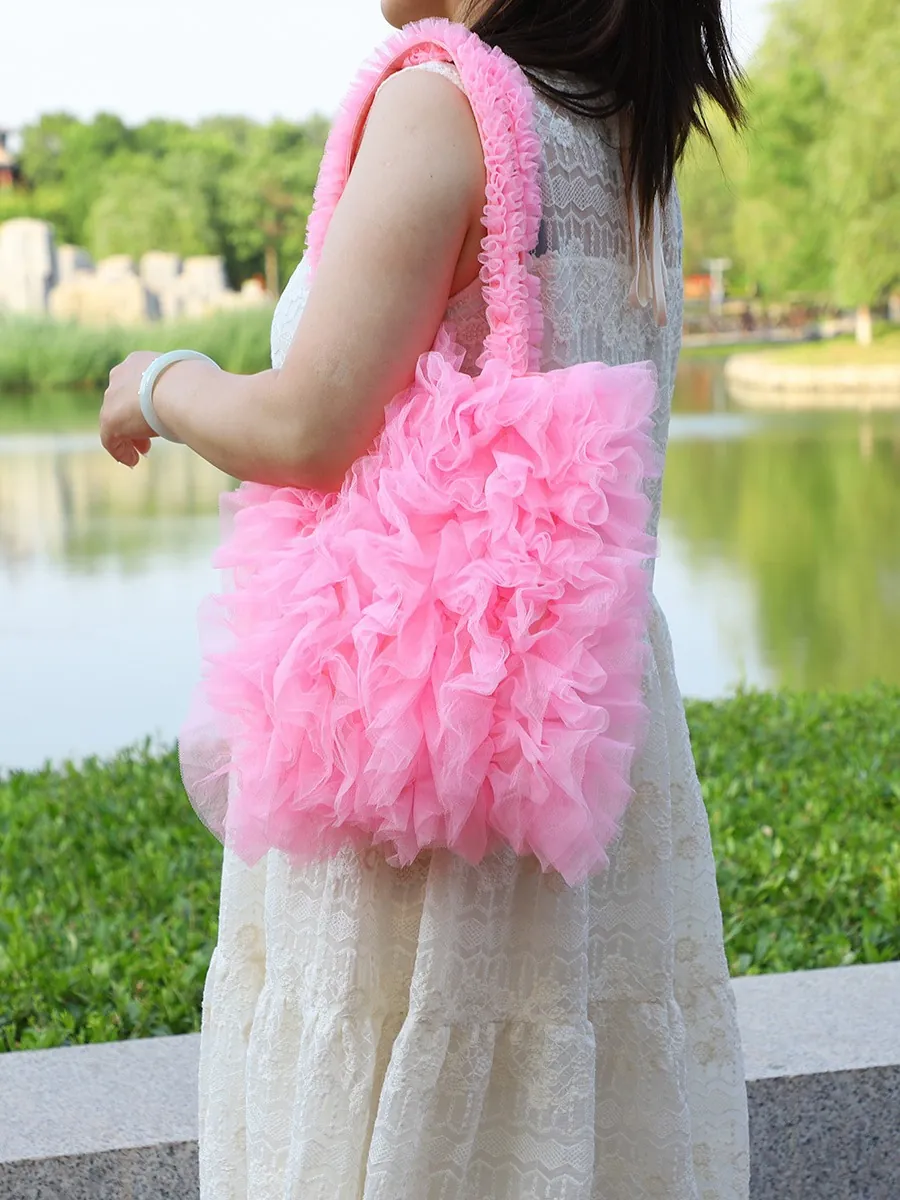 Ruffled Mesh Shoulder Bag Japanese Sweet Tulle Pleated Lace Aesthetic Fairy Handbag With Magnetic Closure For Women