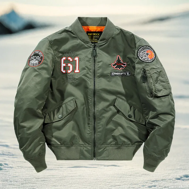 Men Nylon MA-1 Bomber Jacket Windproof Military Flight Tactical Coat With Embroidery Badges And Contrast Orange Lining