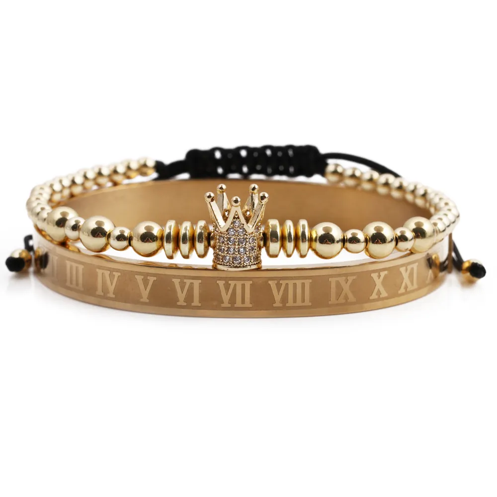 Bracelet Jonc À Chiffres Romains Et Bracelet À Perles Couronne Acier Inoxydable Cuivre Zircone Bijoux Homme