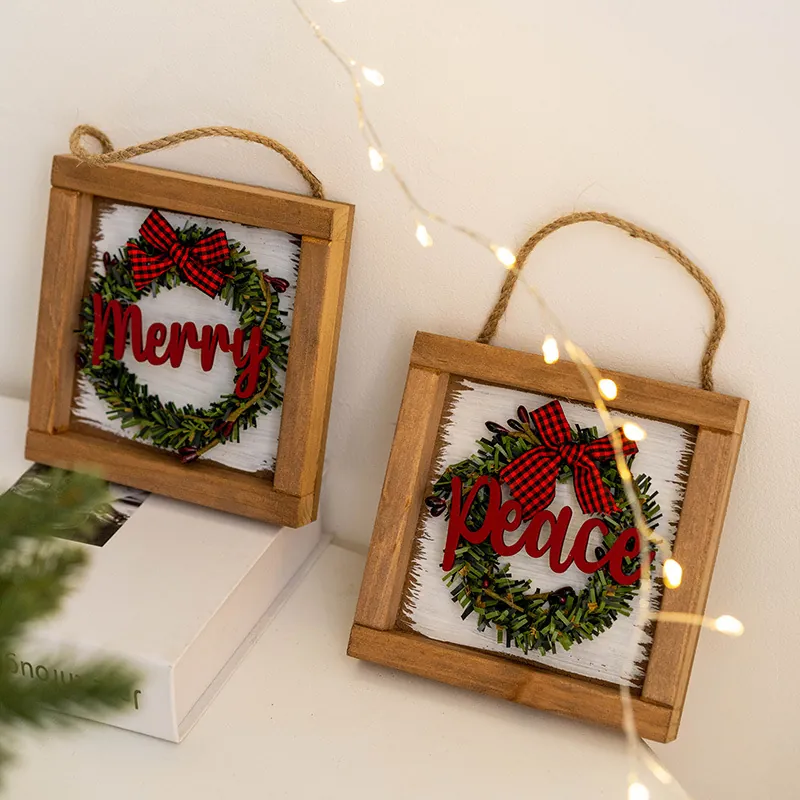 Christmas Wooden Square Hanging Plaque With Simulation Wreath Plaid Bow Merry Peace Joy Letter Rustic Home Wall Decoration