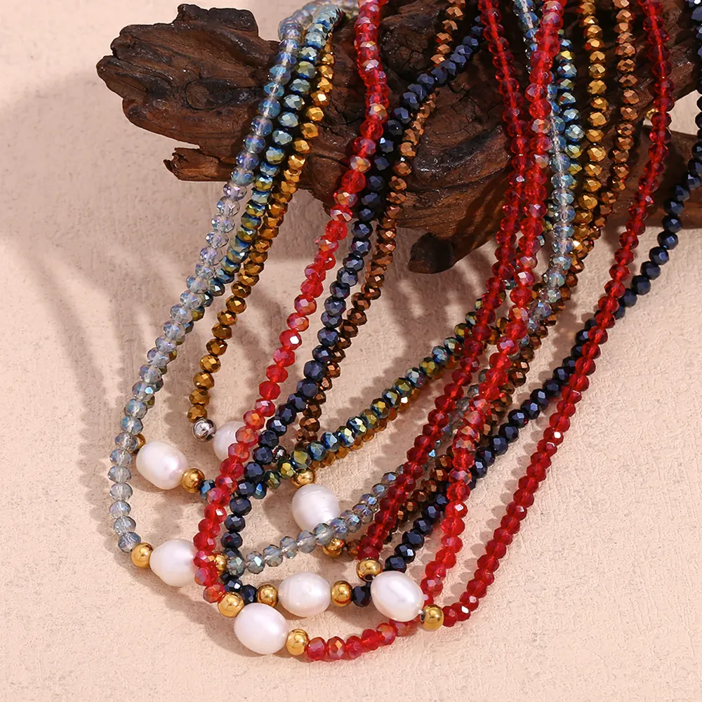 Faceted Crystal Beaded Necklace With Artificial Baroque Pearl And Stainless Steel Accents For Women Retro Boho Style Jewelry