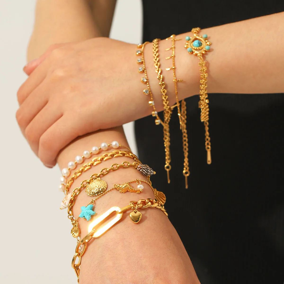 Bracciale Bohémien Malocchio Conchiglia Stella Marina Placcato Oro 18K Acciaio Inossidabile Perla Artificial Gioielli Di Moda Per Donne
