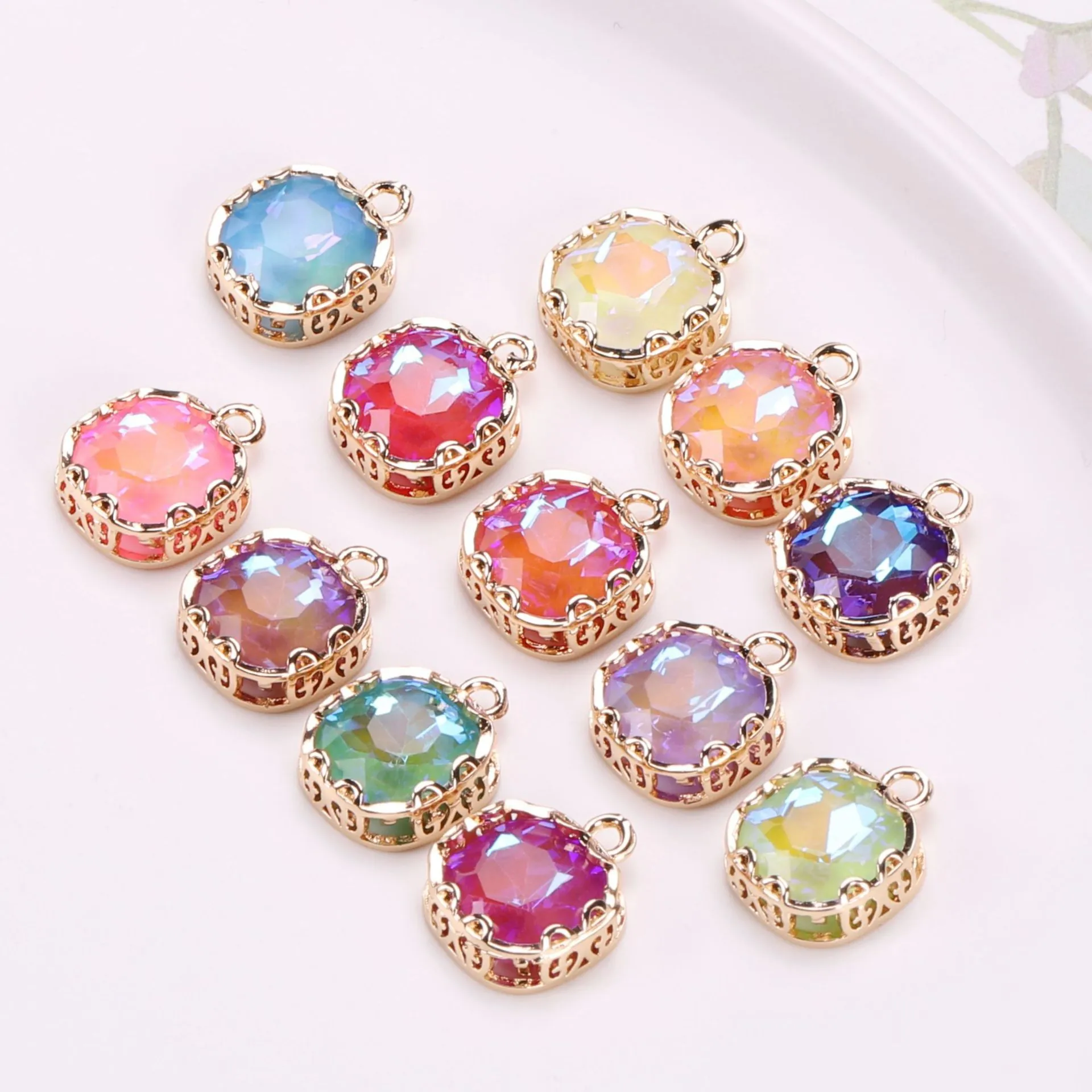 Square Mocha Faceted Crystal Glass Pendants Gold Plated Copper Hollow Lace Border For DIY Jewelry Making Charms