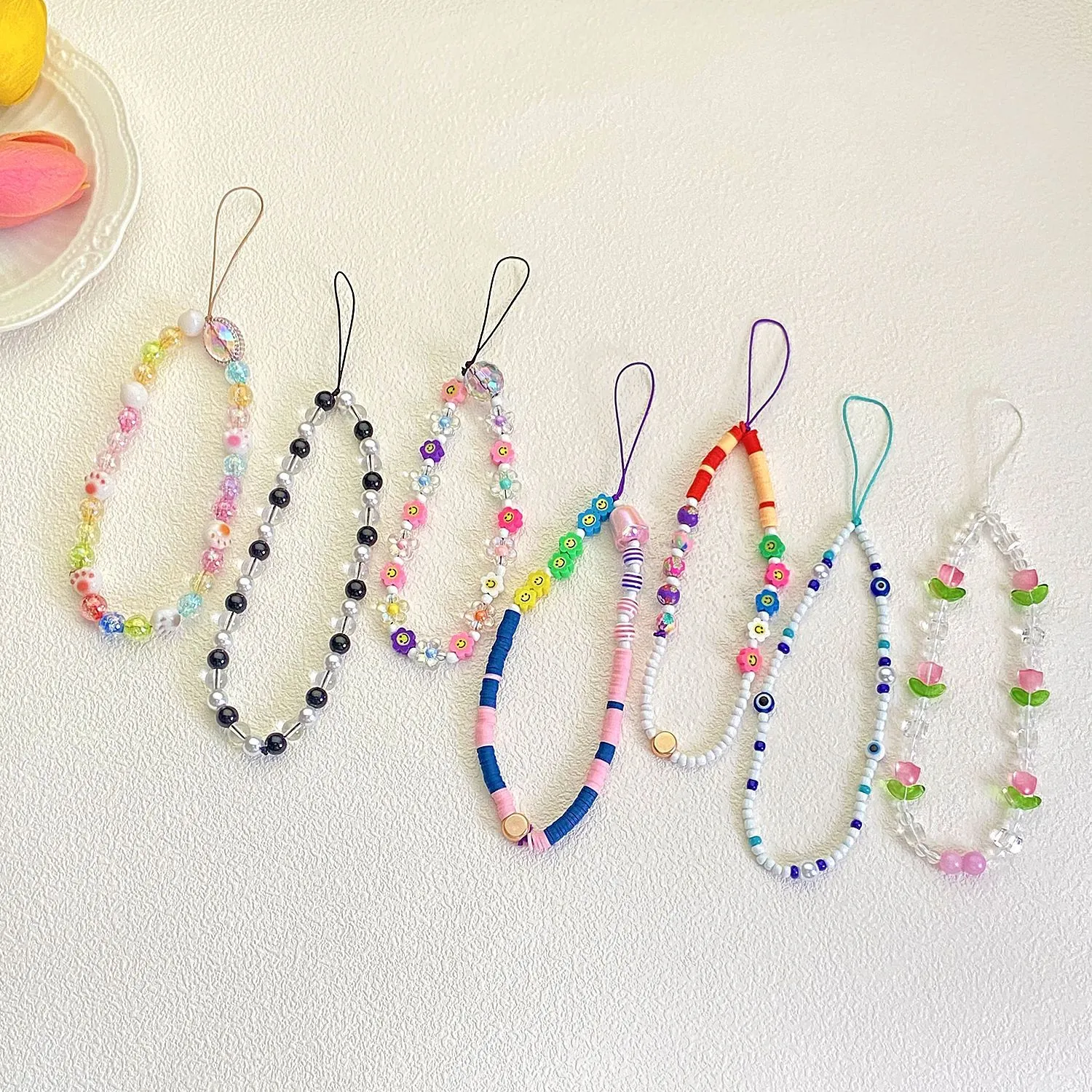 Beaded Mobile Phone Lanyard Resin Crystal Polymer Clay Heart Flower Evil Eye Geometric Anti-Lost Handheld Strap For Women
