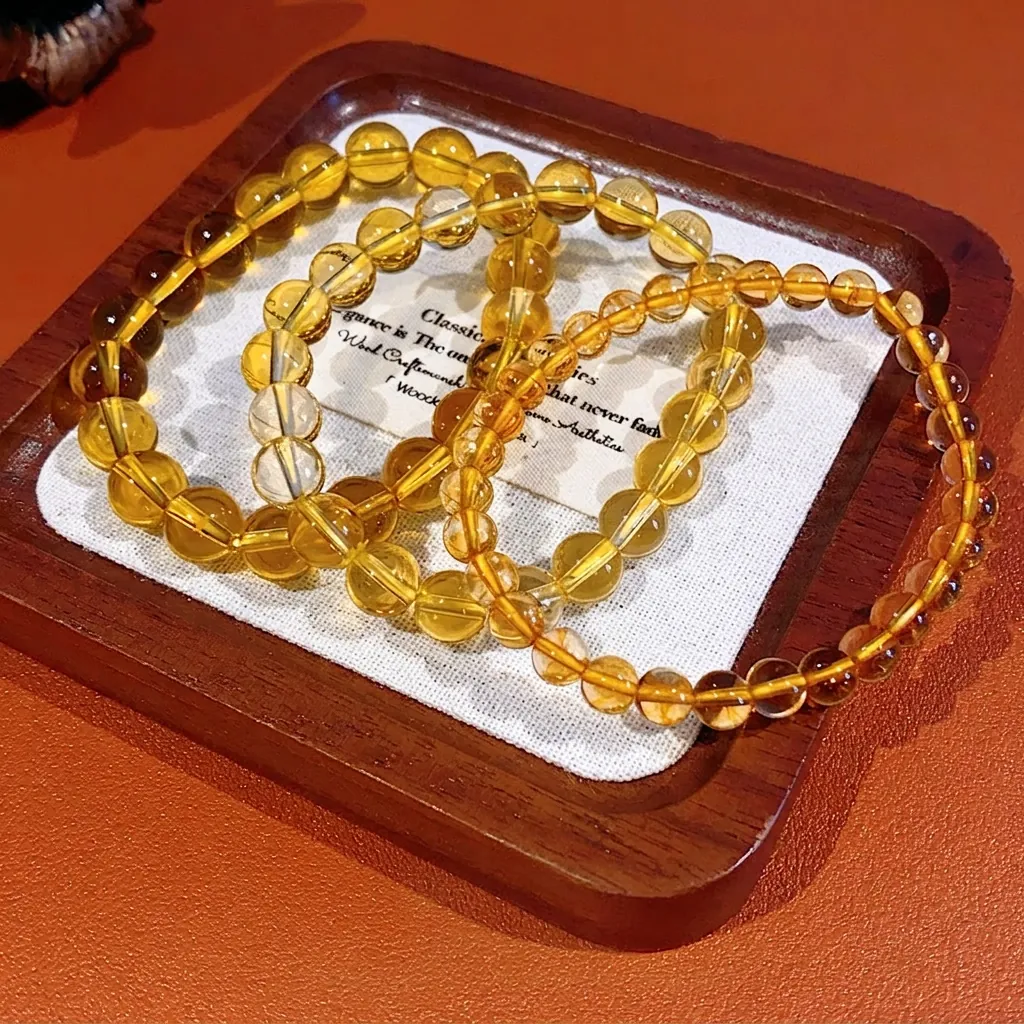 Citrine Crystal Bead Bracelet Retro Elegant Yellow Round Stone Stretch Jewelry For Women Light Luxury Fashion