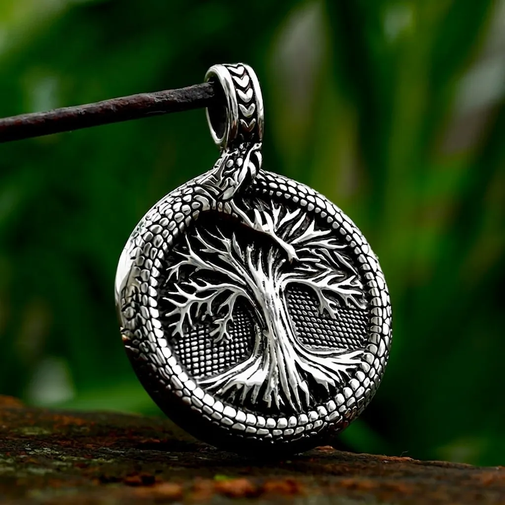 Viking Tree Of Life Ouroboros Pendant Stainless Steel Nordic Celtic Mythology Round Retro Silver Color Jewelry For Men