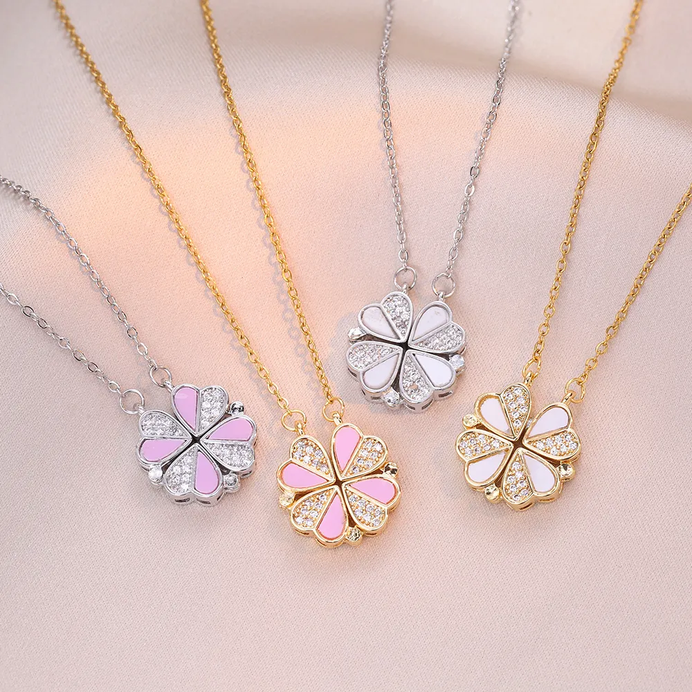 Magnetische Faltbare Glücksklee Herz Kette Titanstahl Zirkonia Perlmutt Damen Wandelbarer Schmuck