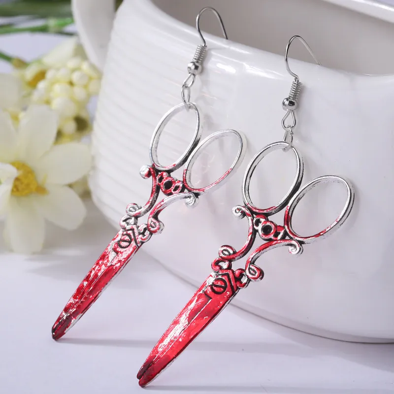 Boucles d'Oreilles Tache de Sang Halloween Alliage Exagéré Ciseaux Hache Couteau Scie Crâne Couperet Gothique Punk Bijoux Femme