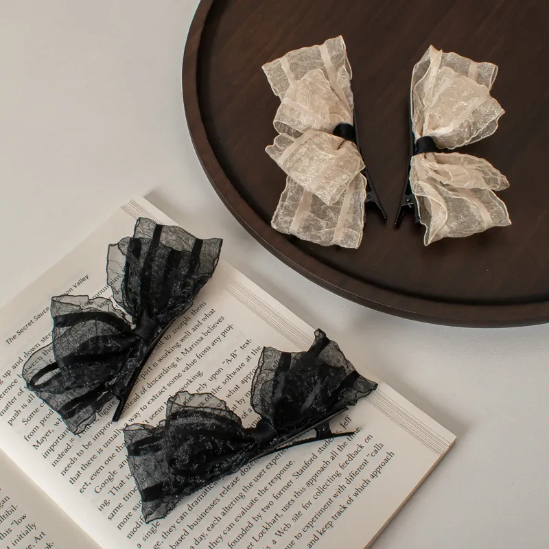 Pleated Mesh Bow Hair Clips Vintage Tulle Lace Duckbill Side Clips Sweet Hair Accessories For Girls Women