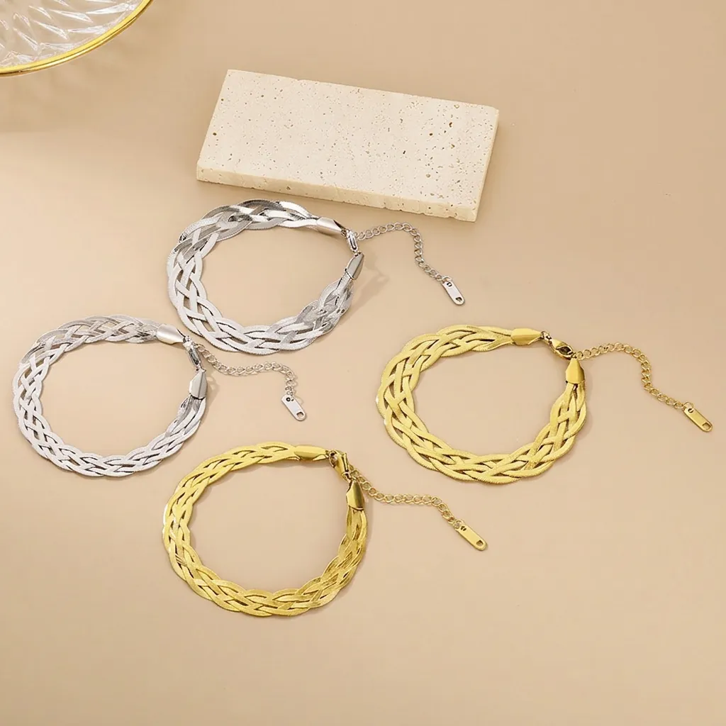 Braided Snake Chain Necklace And Bracelet Stainless Steel Minimalist Multi Strand Herringbone Jewelry For Women