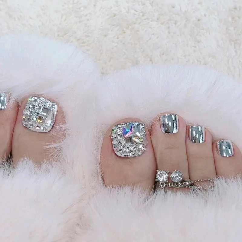 Silver Mirror Press On Toenails With Rhinestones Glossy Square Iridescent Jewel Artificial False Foot Nails For Women