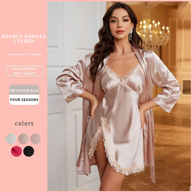 Nuisette Satin Et Peignoir Vêtements Détente Imitation Satin Dentelle Col V Sexy Lingerie Femmes Élégant Casual Maison