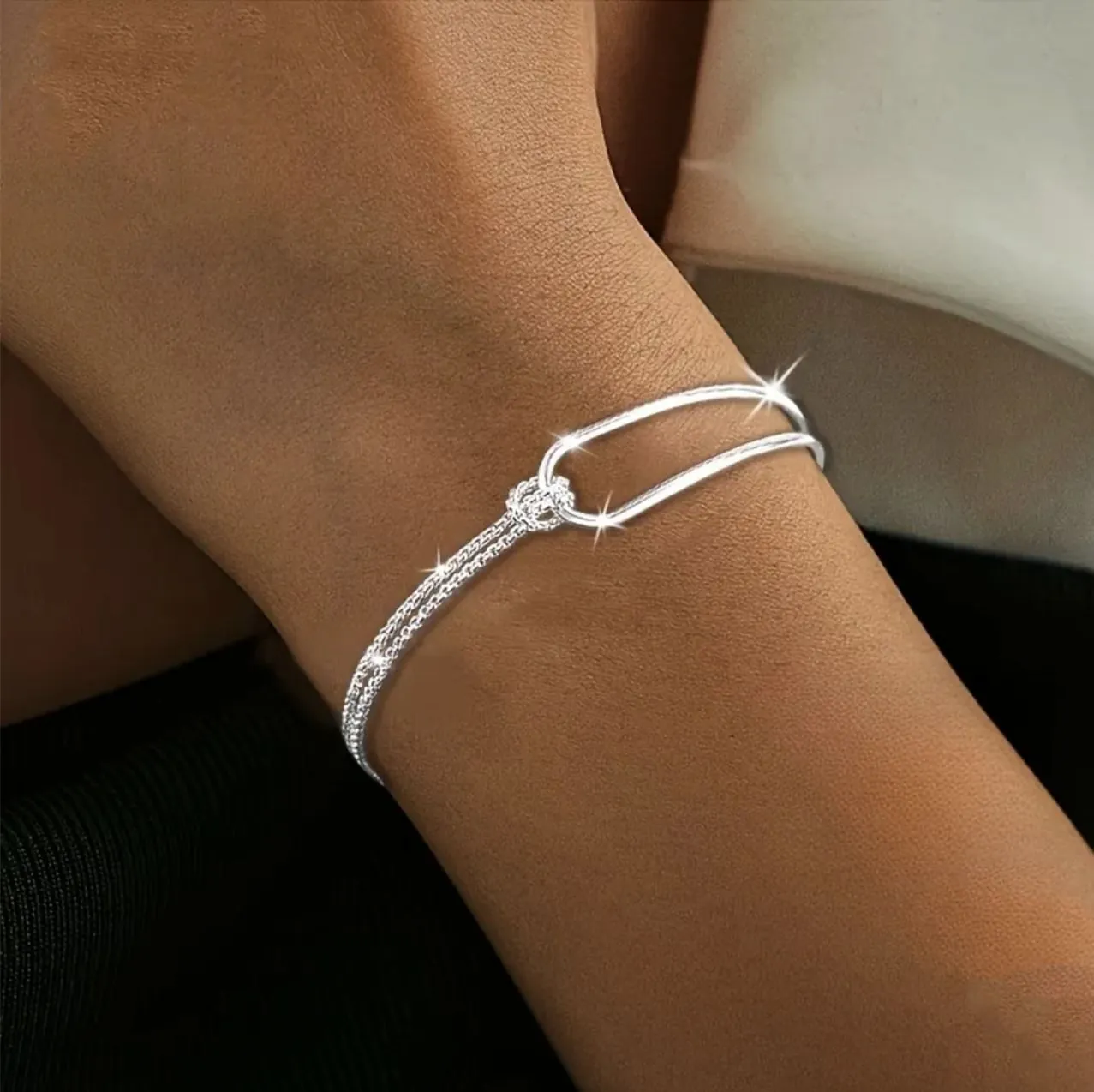 Silver Plated Copper Knotted Double Chain Bracelet Minimalist Design Adjustable Bangle For Women Fashion Jewelry Gift