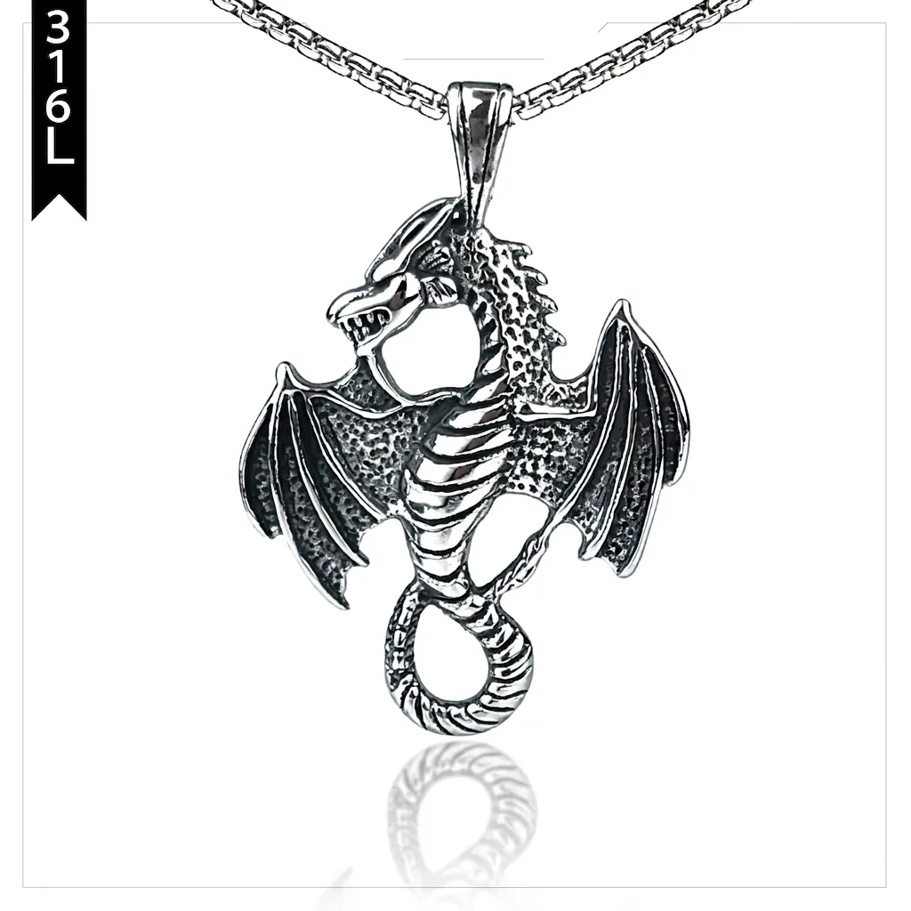 Dragon Pendant Necklace 316L Stainless Steel Retro Winged Flying Dragon Viking Gothic Punk Jewelry For Men