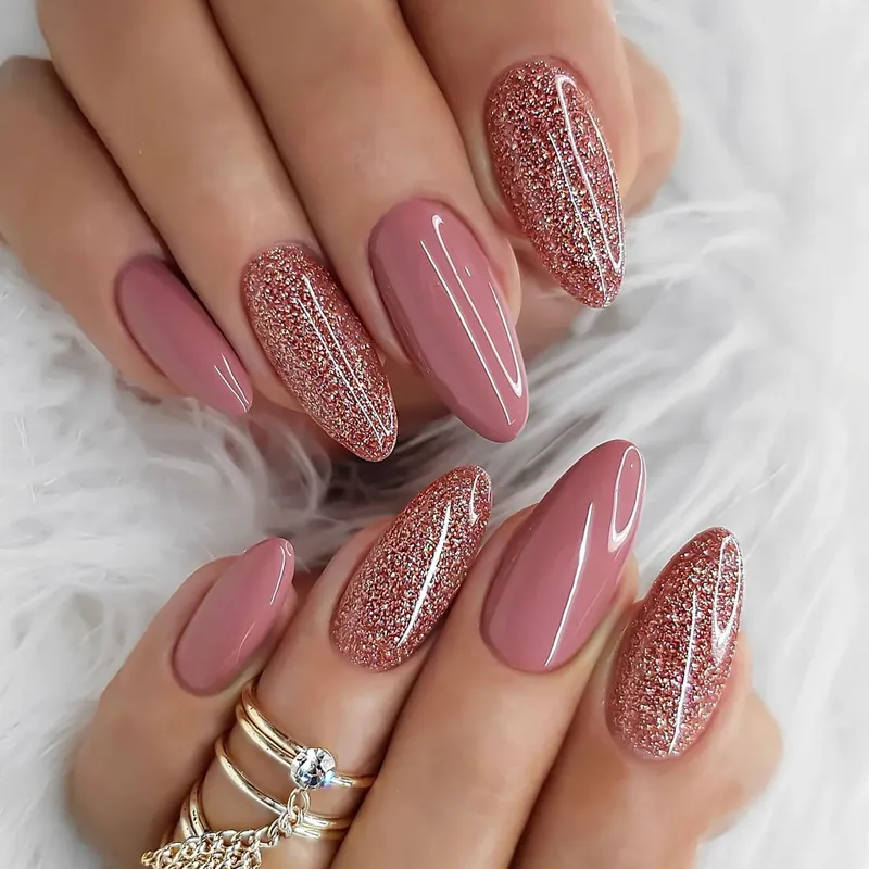 Middle Long Almond Shape Press On Nails Dusty Rose And Silver Glitter False Nails With Glue Manicure Tool Kit For Women