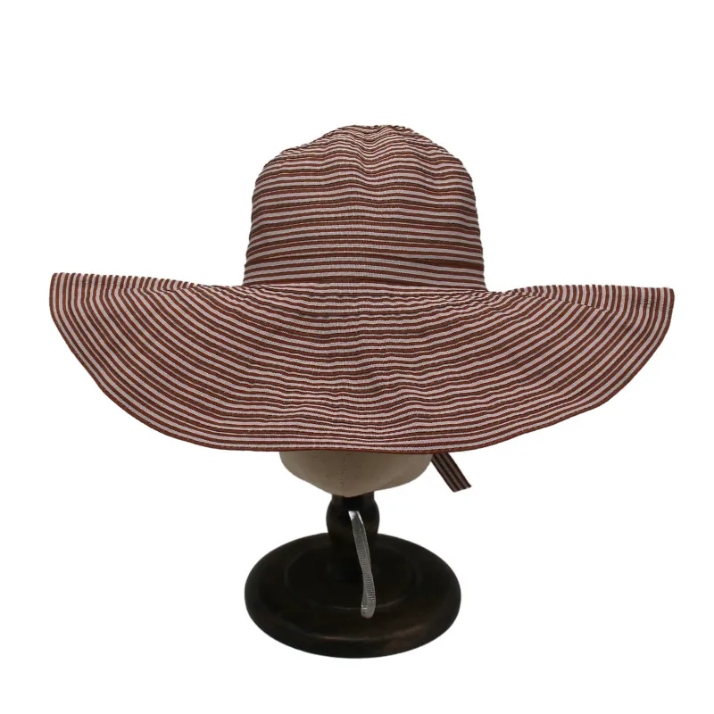 Women Wide Brim Sun Hat Striped Bowknot Foldable UV Protection Breathable Summer Beach Braided Polyester Hat