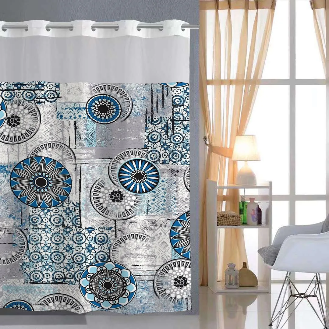 Hookless Waffle Weave Shower Curtain And Floor Mat Double Layer Detachable Liner Mesh Window Waterproof 3D Printed Fabric