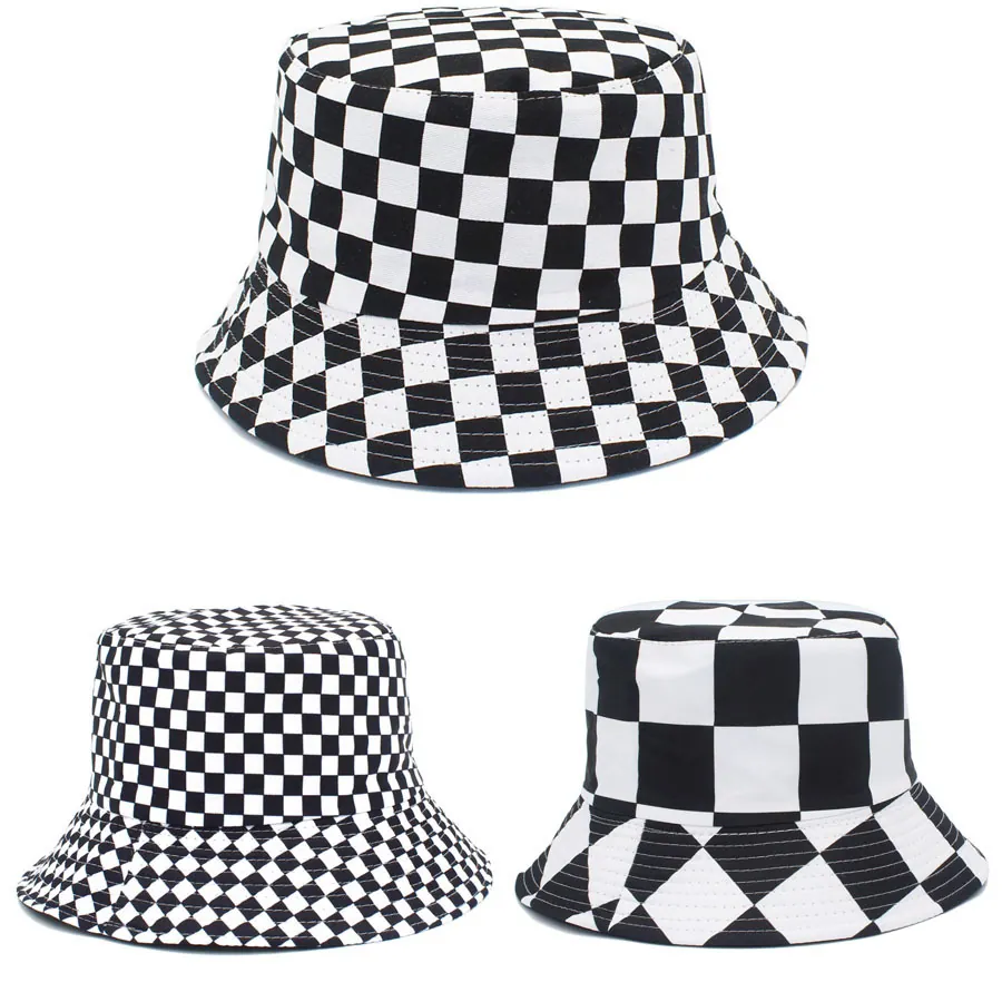 Checkerboard Bucket Hat Cotton Foldable Double Sided Sun Protection Fisherman Cap Retro Plaid Streetwear Outdoor