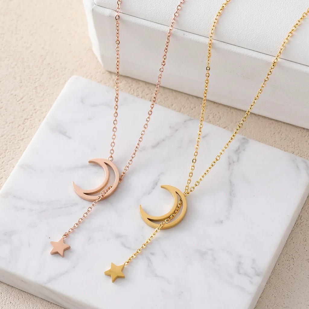 Star Moon Pendant Necklace Titanium Steel Y-Shaped Long Chain Minimalist Geometric Non-Fading Jewelry For Women