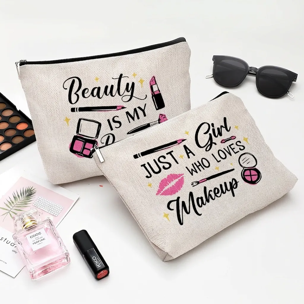 Canvas Cosmetic Bag Waterproof Makeup Pouch Travel Zipper Storage Bag For Women Portable Wash Organizer Letter Print