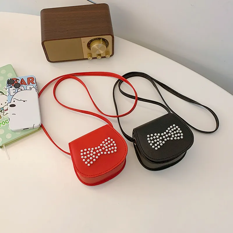 Mini Crossbody Bag PU Leather Artificial Pearl Bowknot Magnetic Snap Flap Cute Fashionable Sweet Shoulder Purse For Girls Kids